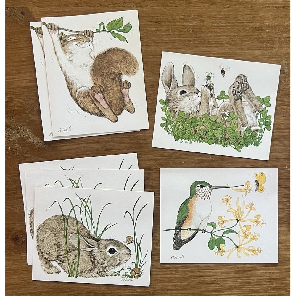 Vintage Current Inc Sunny N Silly Note Cards LK Powell 7 Bunny Hummingbird 4x5
